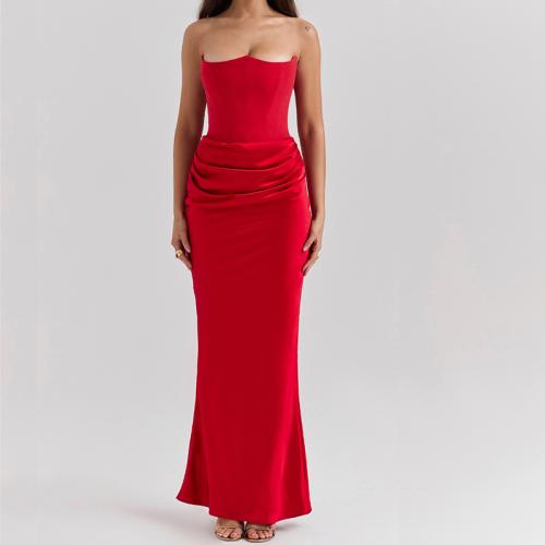 New Strapless Fishbone Sexy Slim-fit Fishtail Evening Dress Solid Color