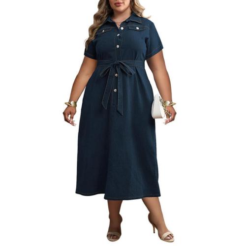 Plus Size Women's Lapel Short-sleeved Cotton One-piece Dress