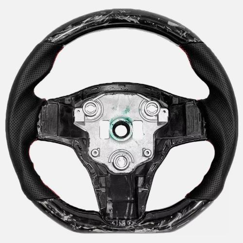 Forged Carbon Fiber Steering Wheel Red Stitching For 18-21 Tesla Model 3 Y