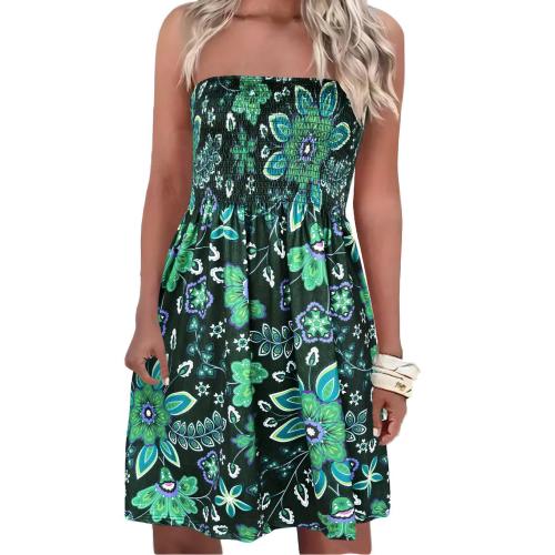 Polyester Slim Tube Top Dress & off shoulder printed floral green PC