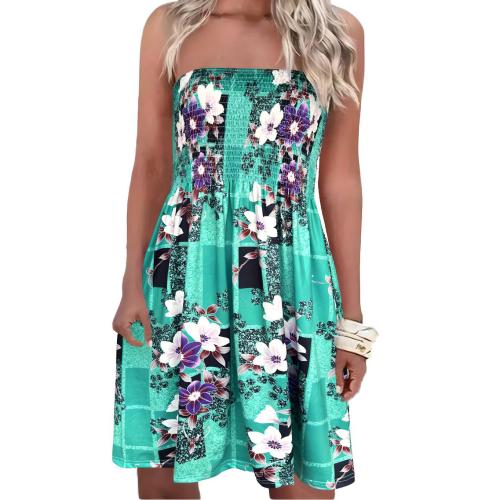 Polyester Slim Tube Top Dress & off shoulder printed floral sky blue PC