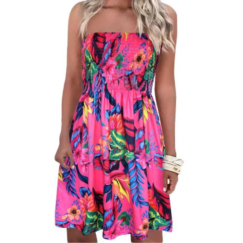 Polyester Slim Tube Top Dress & off shoulder printed floral pink PC