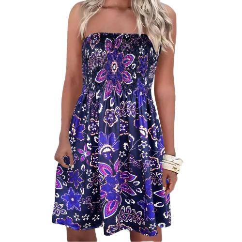 Polyester Slim Tube Top Dress & off shoulder printed floral purple PC