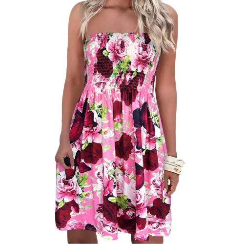 Polyester Slim Tube Top Dress & off shoulder printed floral pink PC