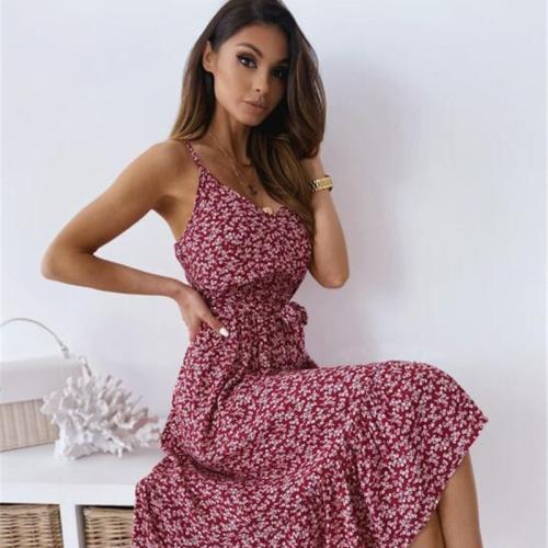 Summer One-piece Dress fashion small floral waist strap Printing Dress