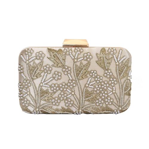 Satin & Polyester Easy Matching Clutch Bag embroidered Plastic Pearl leaf pattern gold PC