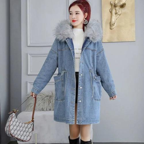 Extra Velvet Thickened Denim Cotton-padded Jacket Women's Autumn and Winter New Mid-length Parkas