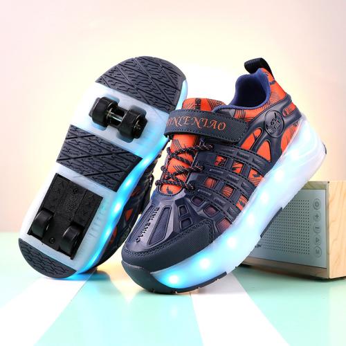 PU Rubber & Mesh Fabric & Thermo Plastic Rubber LED glow Children Wheels Shoes Pair