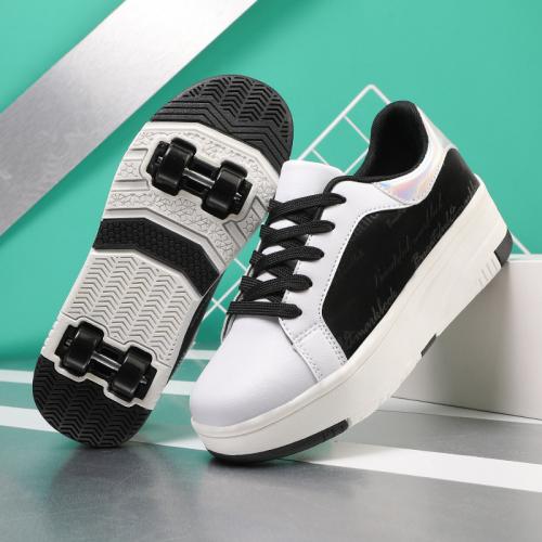 PU Leather Children Wheels Shoes hardwearing white and black Pair