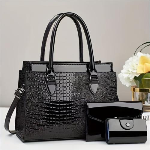 PU Leather Easy Matching Bag Suit attached with hanging strap & three piece crocodile grain Set
