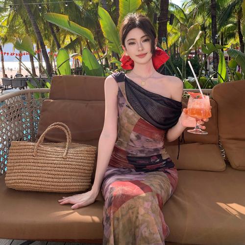 Polyester Slim One-piece Dress printed mixed colors PC