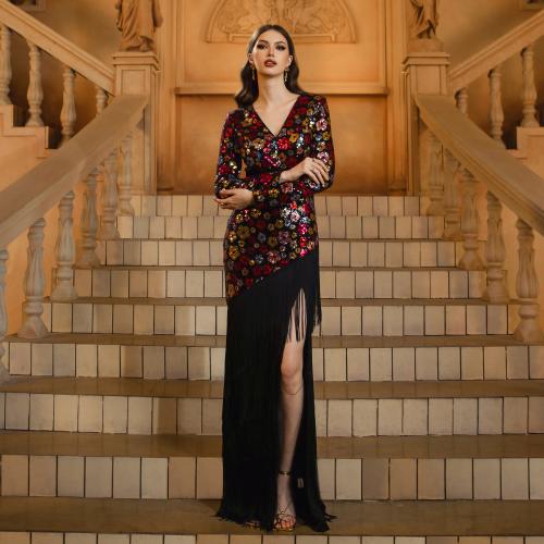 Polyester Mermaid Long Evening Dress side slit Sequin floral black PC