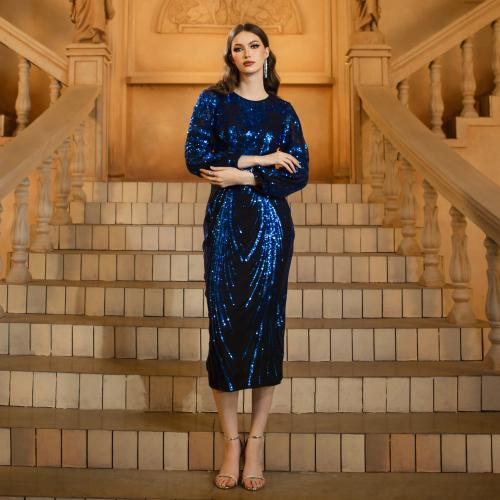 Polyester Long Evening Dress back split Sequin royal blue PC