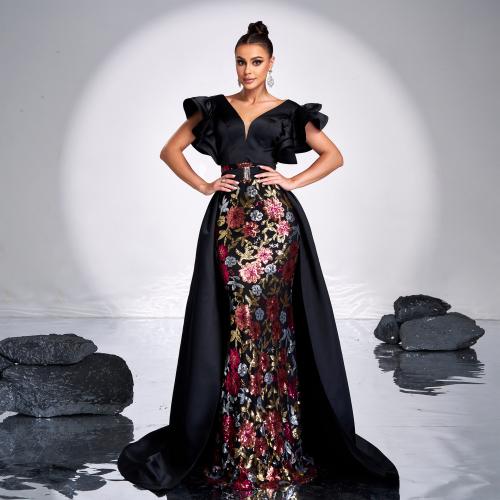 Polyester Long Evening Dress Sequin floral black PC