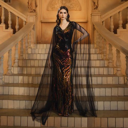 Polyester Long Evening Dress Sequin & Gauze black PC