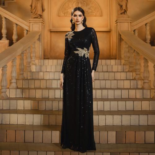 Polyester Long Evening Dress side slit Sequin black PC