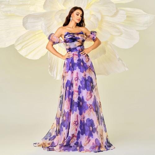 Polyester Off Shoulder Long Evening Dress large hem design floral purple PC