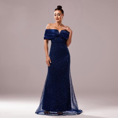 Polyester Off Shoulder & Mermaid Long Evening Dress Sequin blue PC