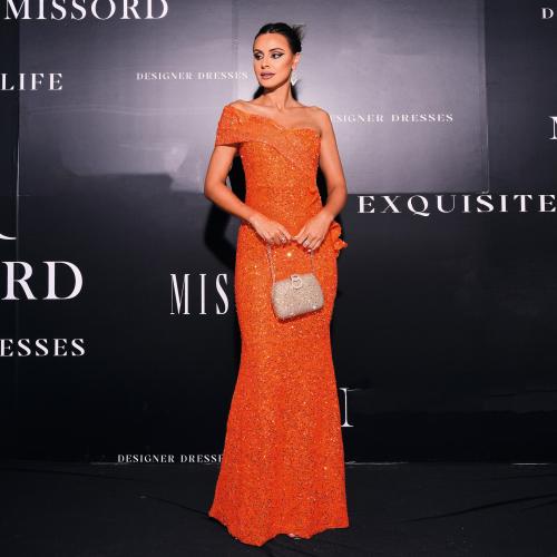 Polyester Mermaid Long Evening Dress & off shoulder Sequin reddish orange PC