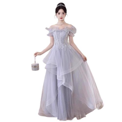 Polyester Off Shoulder & Slim Long Evening Dress patchwork Solid PC