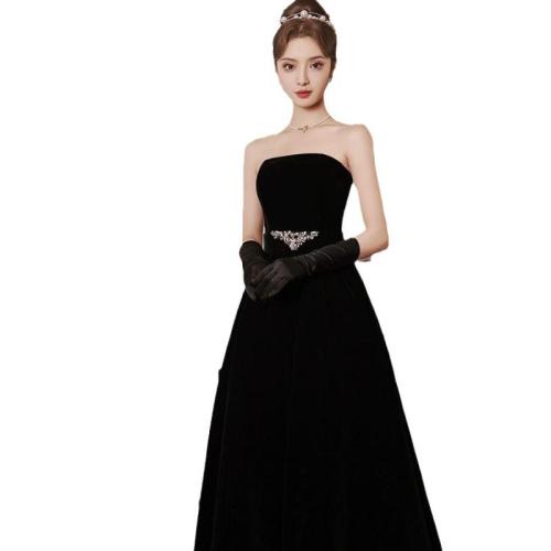 Polyester Slim Long Evening Dress & tube patchwork Solid black PC
