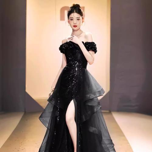 Polyester Off Shoulder Long Evening Dress side slit Sequin patchwork Solid PC