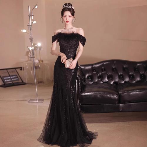 Polyester Off Shoulder & Mermaid Long Evening Dress Sequin patchwork Solid black PC