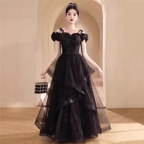 Polyester Slim Long Evening Dress large hem design Sequin patchwork Solid black PC