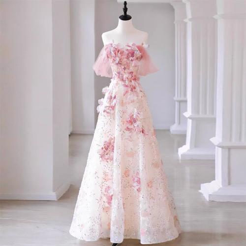 Polyester Off Shoulder Long Evening Dress pink PC