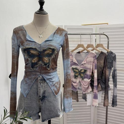 Gauze & Spandex Slim Women Long Sleeve T-shirt contrast color printed PC