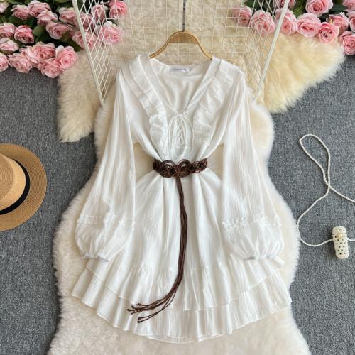 Mixed Fabric & Chemical Fiber Waist-controlled & scallop One-piece Dress white PC