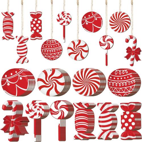 Wood Christmas Tree Hanging Decoration printed red Set