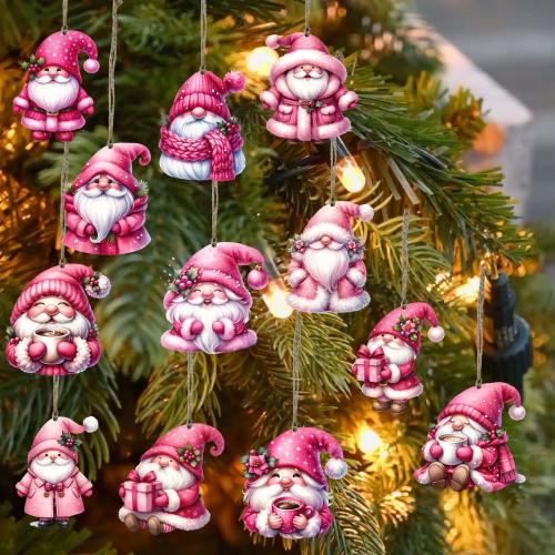 Wood Christmas Tree Hanging Decoration printed pink Set