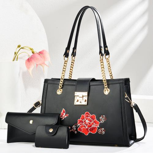 PU Leather Bag Suit contrast color & embroidered & three piece Set