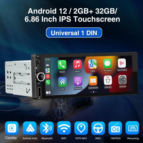 Carplay Single 1 Din Android 12 Car Stereo Radio GPS WIFI BT Touch Screen 2G+32G