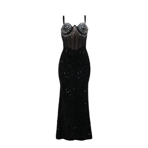 Polyester Sexy Sheath Dress see through look & wrapped chest Sequin patchwork Solid Set