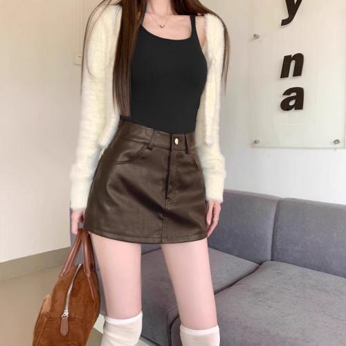 PU Leather & Polyester High Waist Sheath Skirt PC