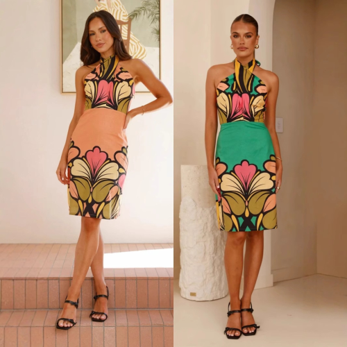 Polyester Waist-controlled Sexy Sheath Dress backless printed PC