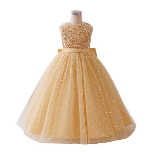 Polyester Princess Girl One-piece Dress with bowknot Sequin champagne PC