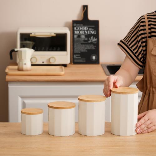 Bamboo & Ceramics Storage Jar Solid white PC