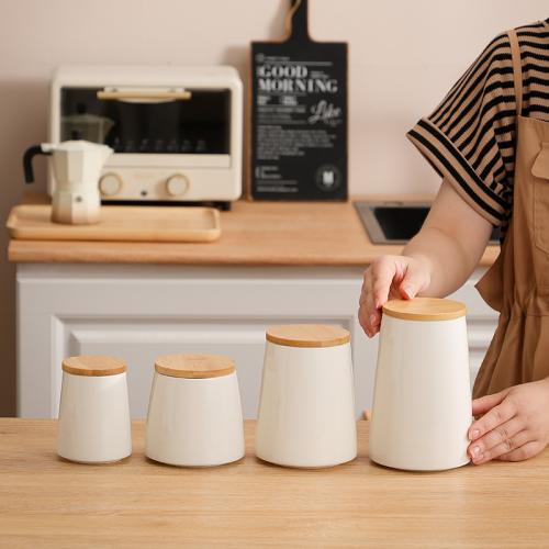 Bamboo & Ceramics Storage Jar Solid white PC