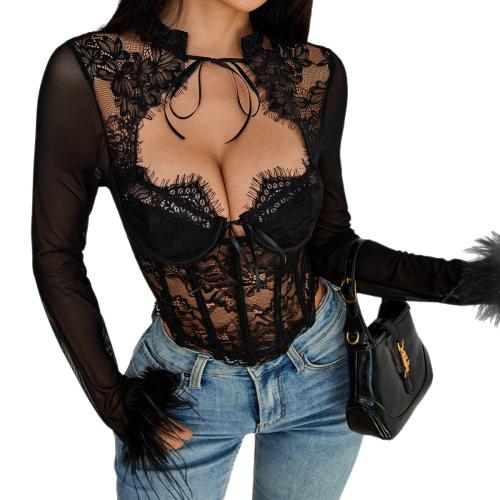 Lace & Polyester Slim & Push Up Long Sleeve Nightclub Top see through look black PC