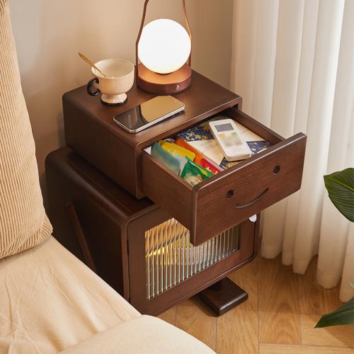 Paulownia & Solid Wood Multilayer Bedside Cabinet rotatable Toughened Glass PC