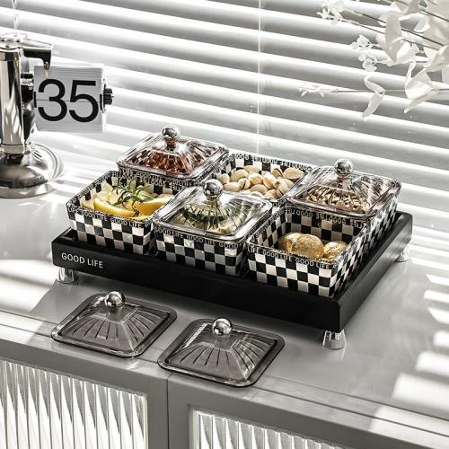 Metal & Bamboo & Polypropylene-PP & Glass Dried Fruit Plate plaid white and black PC