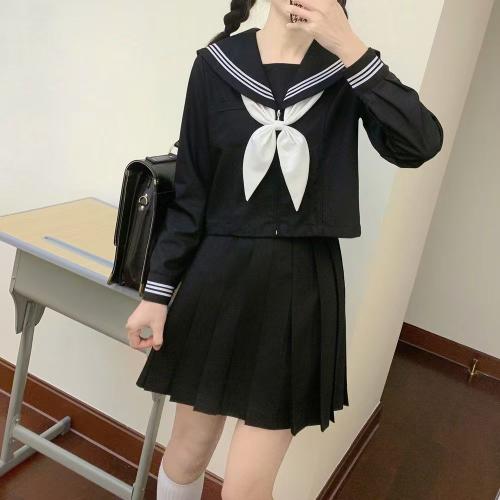 Polyester Women Sailor Suit & two piece & loose black Set