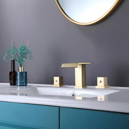 Widespread Bathroom Sink Faucet 3 Hole Brushed Nickel Waterfall Bathroom Sink Faucet with 2 Supply Hoses