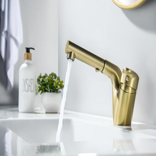 Pull-Down Single Hole Bathroom Sink Faucet Brushed Gold Brass Bathroom Faucet