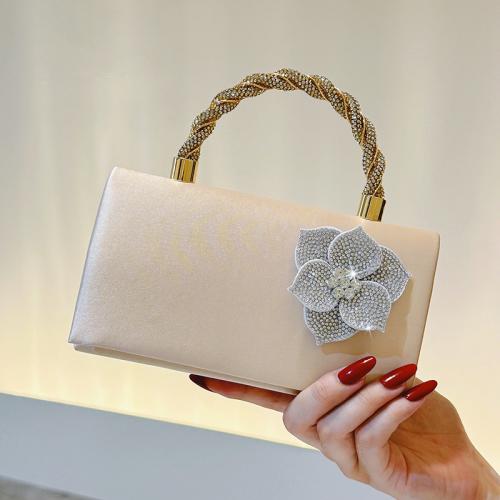 Satin Box Bag Clutch Bag with chain & with rhinestone beige PC
