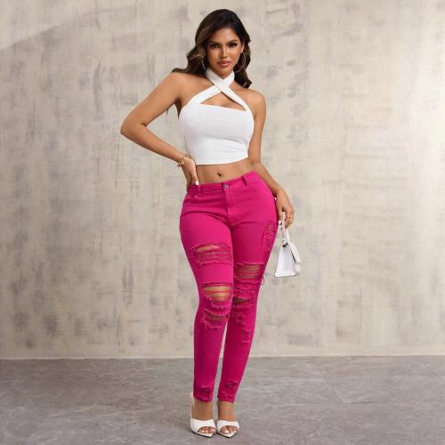 Cotton Ripped & Slim Women Jeans fuchsia PC