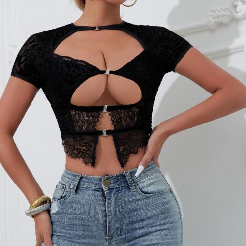 Spandex & Polyester Women Short Sleeve T-Shirts backless & hollow patchwork Solid black PC